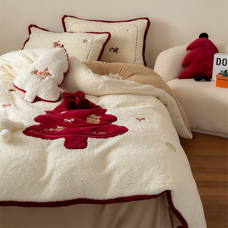 Christmas Cartoon Red Tree Thickened Lambskin Four-piece Warm Winter Bed Set - Harmony Gallery
