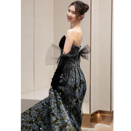 Elegant Black and Blue Floral Strapless Ball Gown with Sheer Gloves - Harmony Gallery