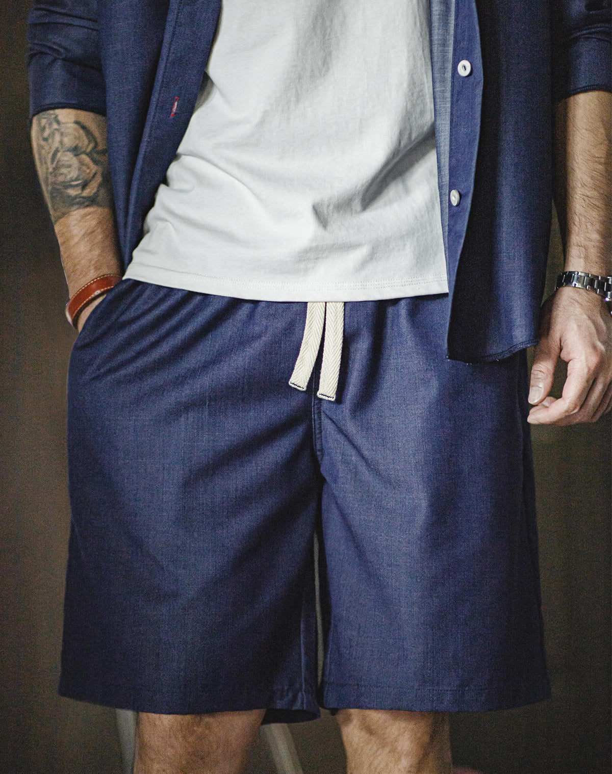 pantalones cortos de hombre con cordón y cintura elástica de mezclilla tencel retro americano