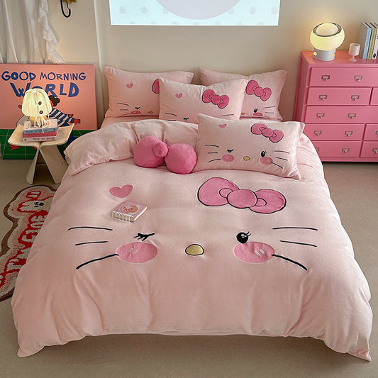 Children's Hello Kitty Little Milk Fleece Cartoon Winter Four-Piece Bed Set