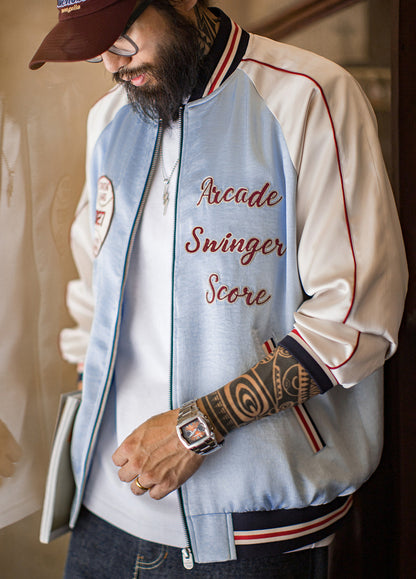 American Cloud And Water Color Embroidery Baseball Handsome Satin Men's Jacket - Harmony Gallery