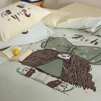Vierteiliges Bettwäscheset aus Baumwolle mit niedlichem Cartoon-Schmetterlingsmädchen