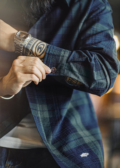 American Retro Blue-Green Plaid Embroidery Texture Thin Men's Shirt - Harmony Gallery