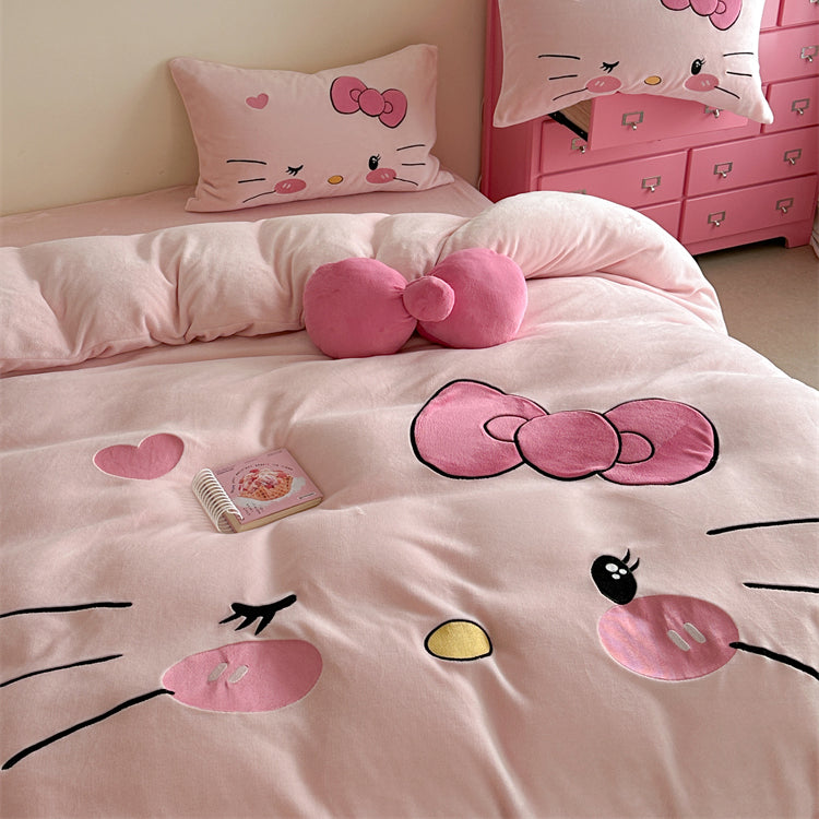 Children's Hello Kitty Little Milk Fleece Cartoon Winter Four-Piece Bed Set