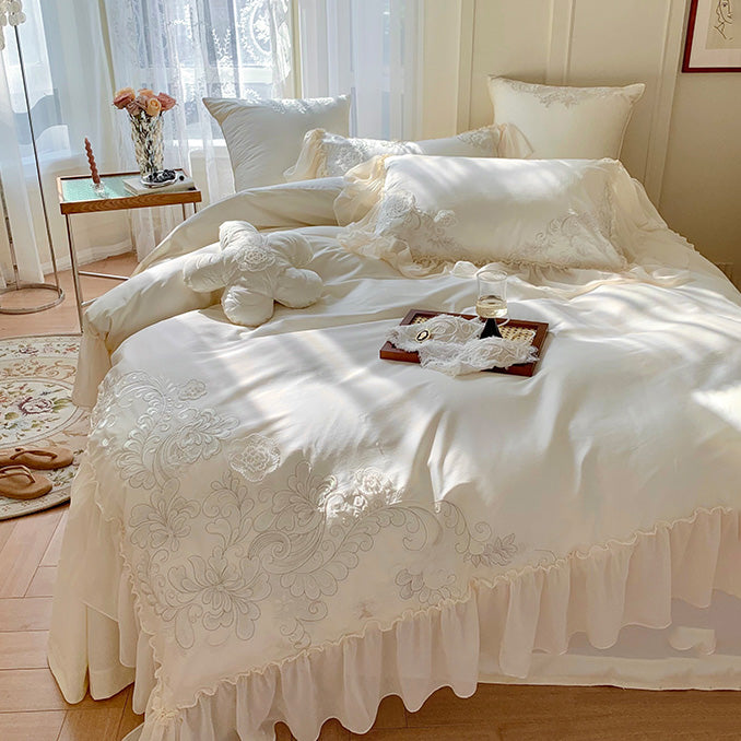 Set da letto in quattro pezzi in morbido cotone francese romantico in pizzo principessa