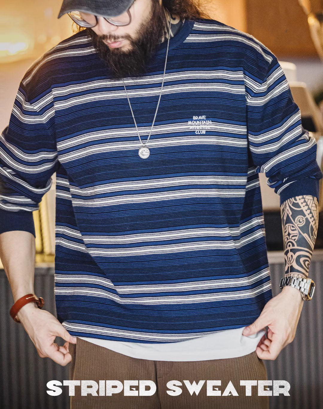American Striped City Boy Blended Off-Shoulder Men's Sweater - Harmony Gallery