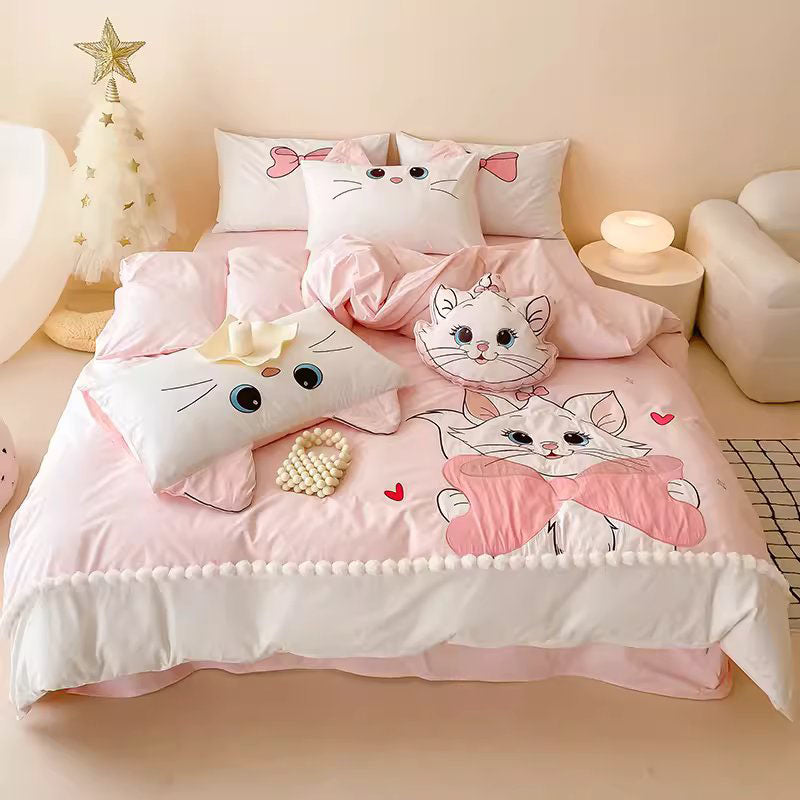 Disney Cartoon Mary Cat Pure Cotton Washed Four-piece Bed Set - Harmony Gallery