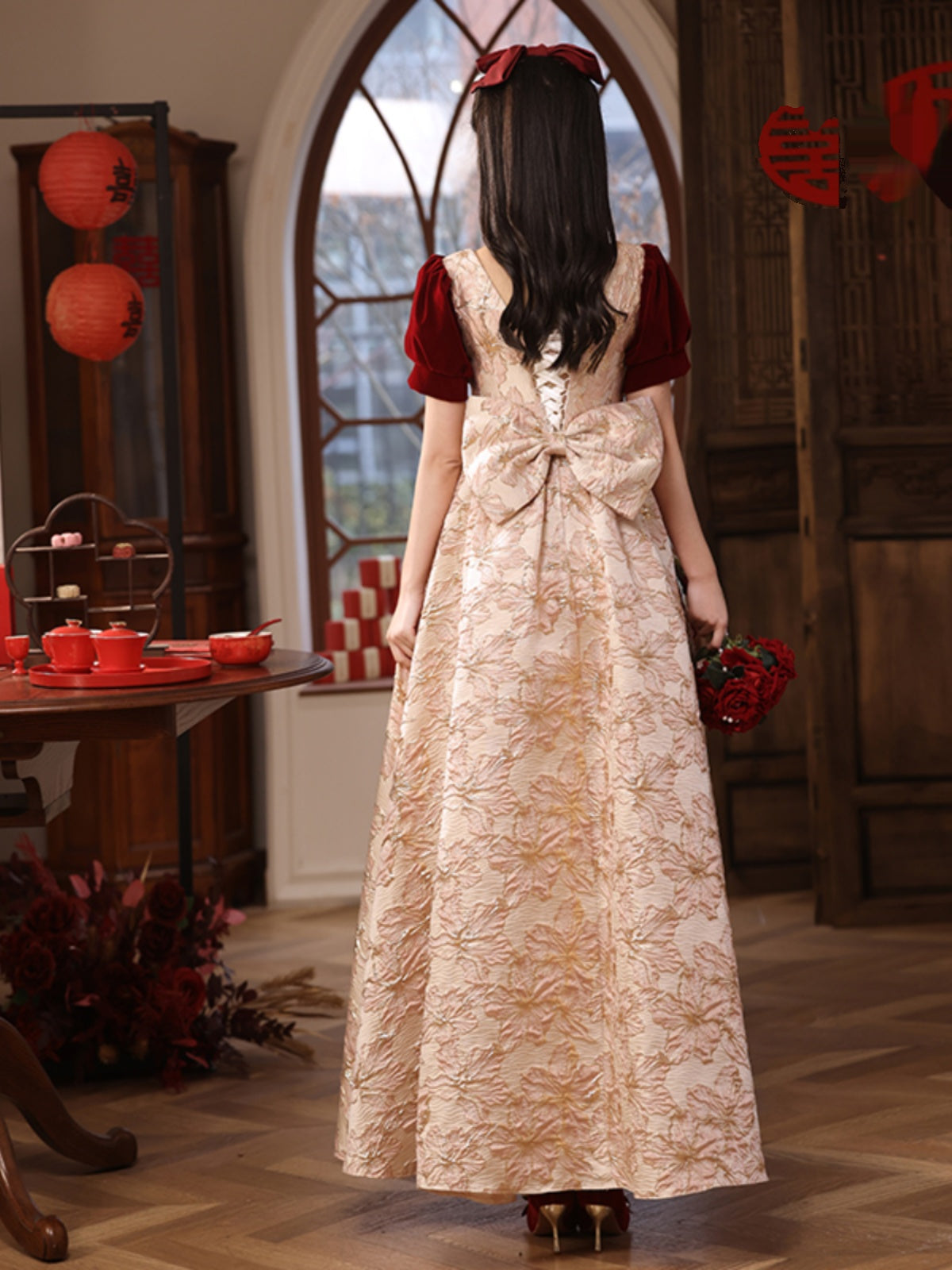 Vintage-Inspired Floral Jacquard Ball Gown with Velvet Accents - Harmony Gallery