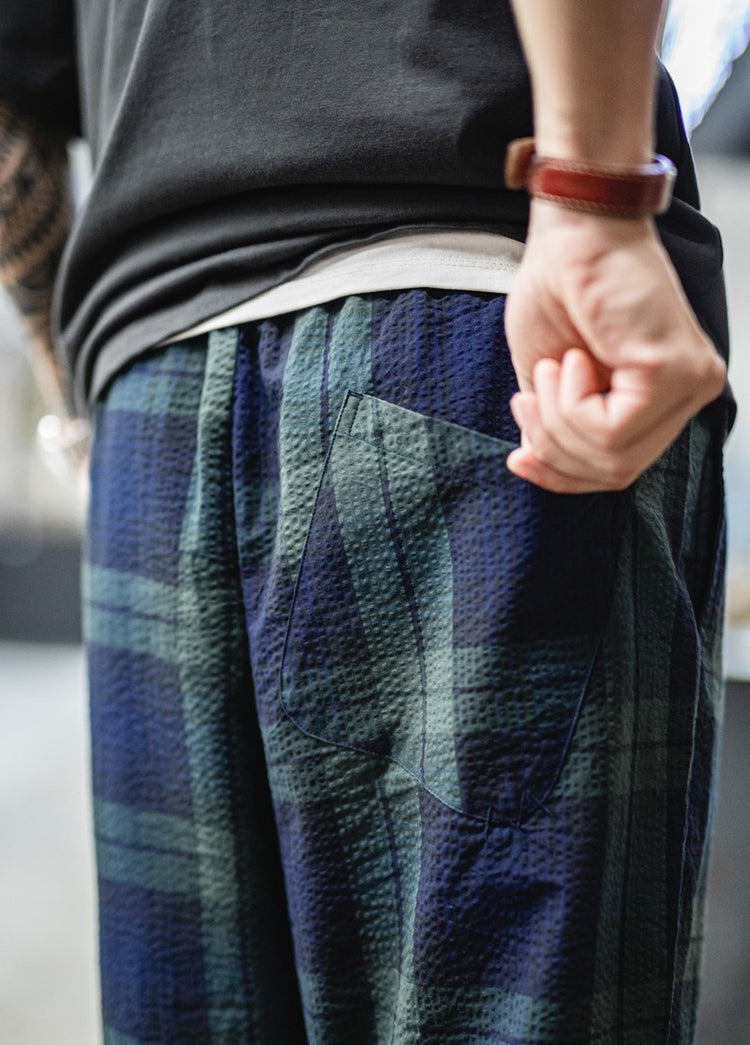 American Retro Casual Scottish Plaid Seersucker Textured Men's Trousers - Harmony Gallery