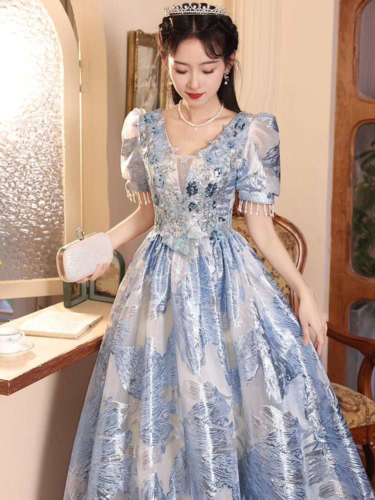 elegant blue dress Elegant Blue Floral Embroidered Princess Ball Gown Dress with Puff Sle