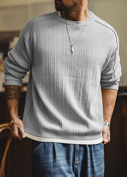 American Retro Casual Workwear Gray Pure Cotton Pit Striped Men's Sweater - Harmony Gallery