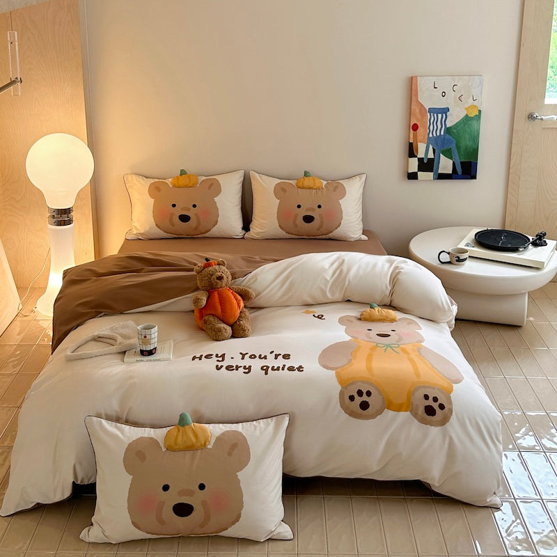 Cartoon Pumpkin Bear Fall And Winter Warm Cotton Sanded Four-Piece Bed Set - Harmony Gallery