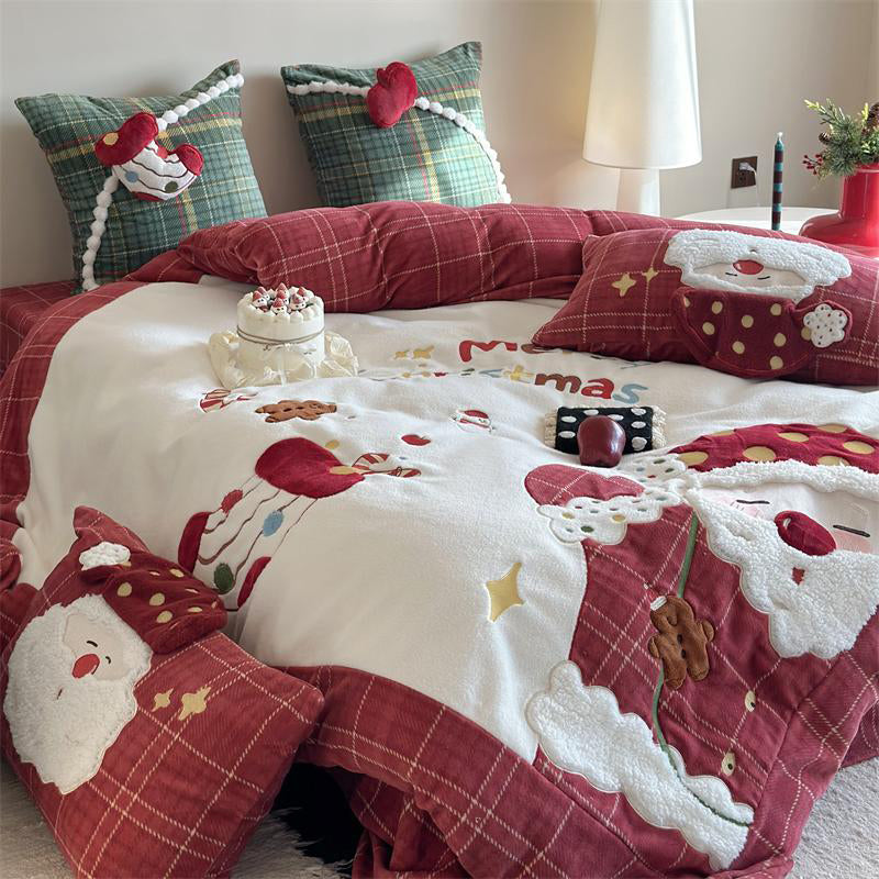 Christmas Wool Milk Velvet Four-Piece Winter Thick Warm Bed Set