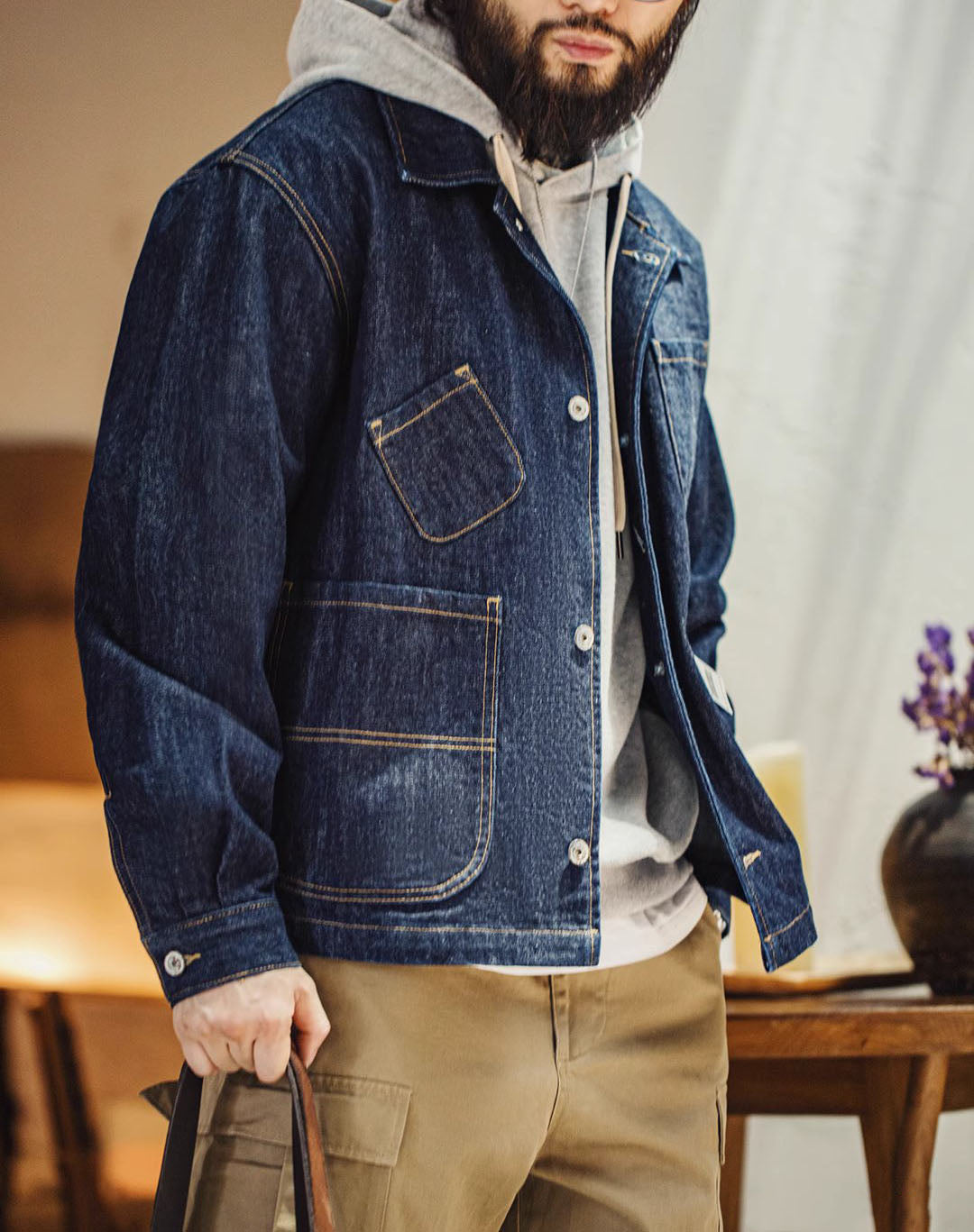 American Retro Workwear Denim Multi-Pocket Men's Jacket - Harmony Gallery