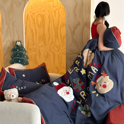 Winter Santa Claus Thickened All-Cotton Brushed Warm Four-Piece Bed Set