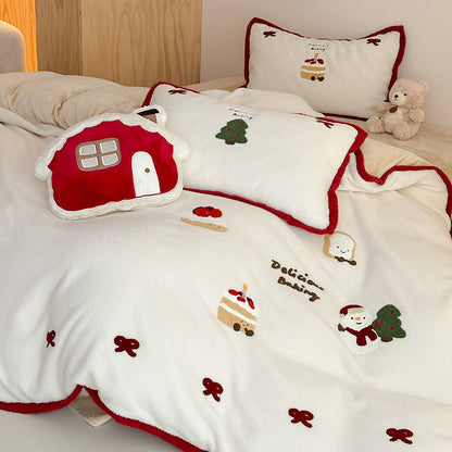 Winter Creamy Cake Snowman Thickened Cashmere Four-Piece Fleece Bed Set