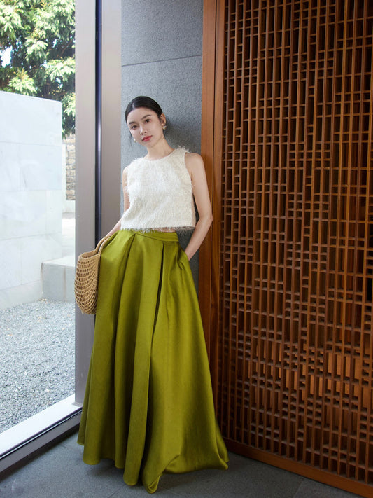 Elegant Two-Piece White Textured Sleeveless Top with Flowing Olive Green Maxi Skirt