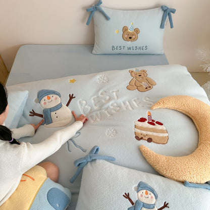 Winter Snowman Bear Thickened Cashmere Four-Piece Warm Milk Velvet Bed Set