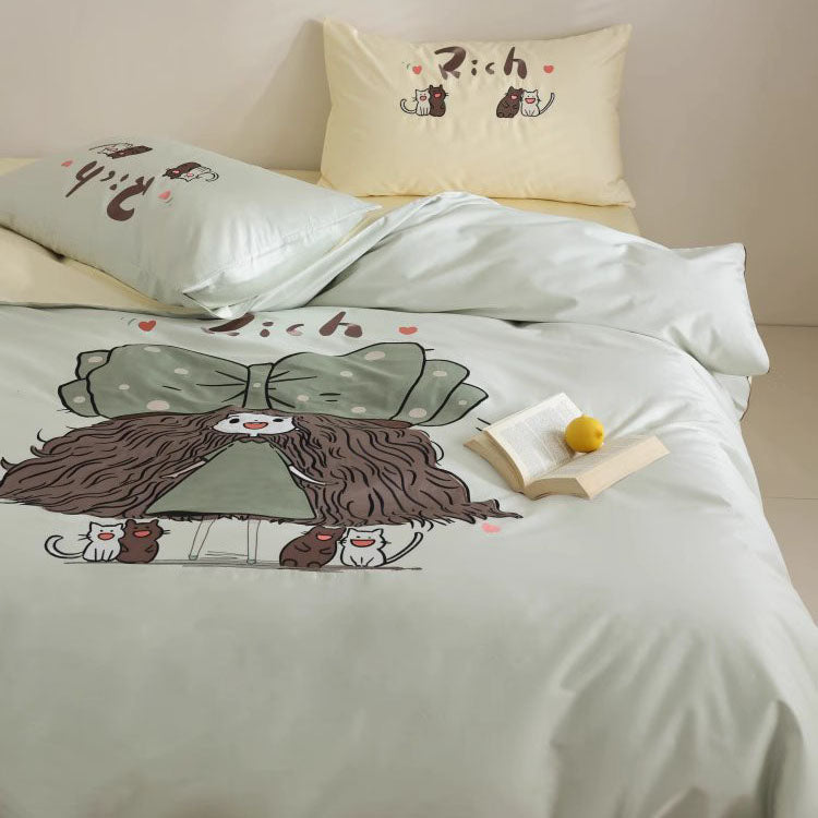 만화 귀여운 나비 소녀 면 4피스 침대 세트