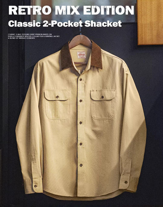 American Retro Contrast Color Splicing Cotton Pocket Men's Shirt - Harmony Gallery