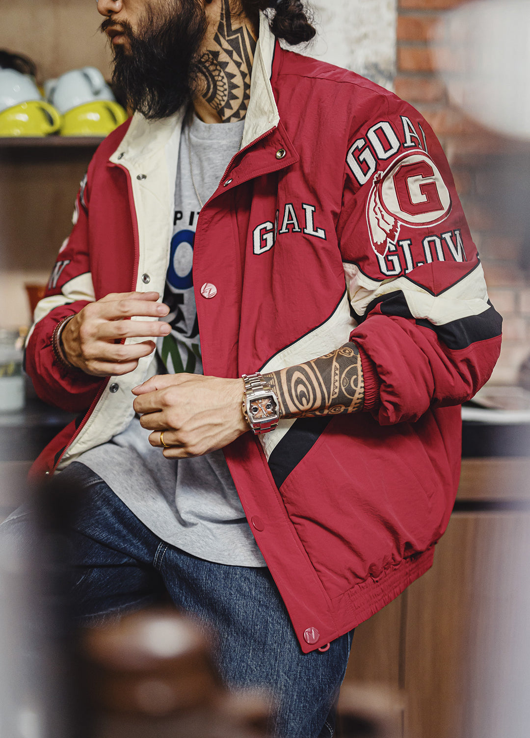 American Patchwork Racing With Red Collar Thickened Warm Cotton Men's Jacket