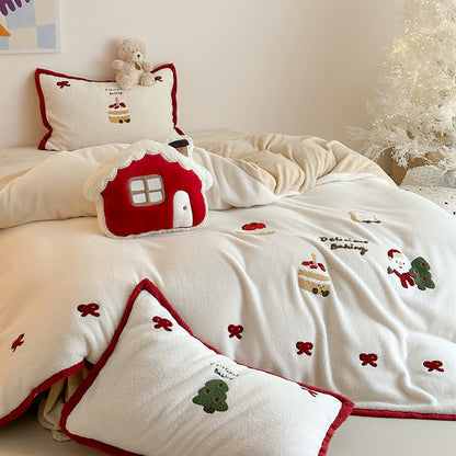 Winter Creamy Cake Snowman Thickened Cashmere Four-Piece Fleece Bed Set