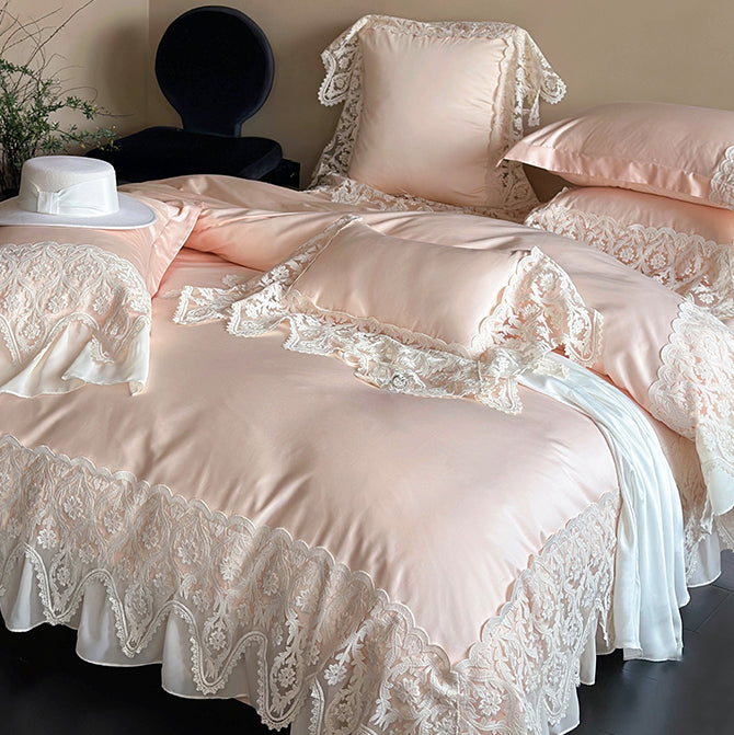 Set da letto in quattro pezzi di cotone a fibra lunga in pizzo romantico principessa francese