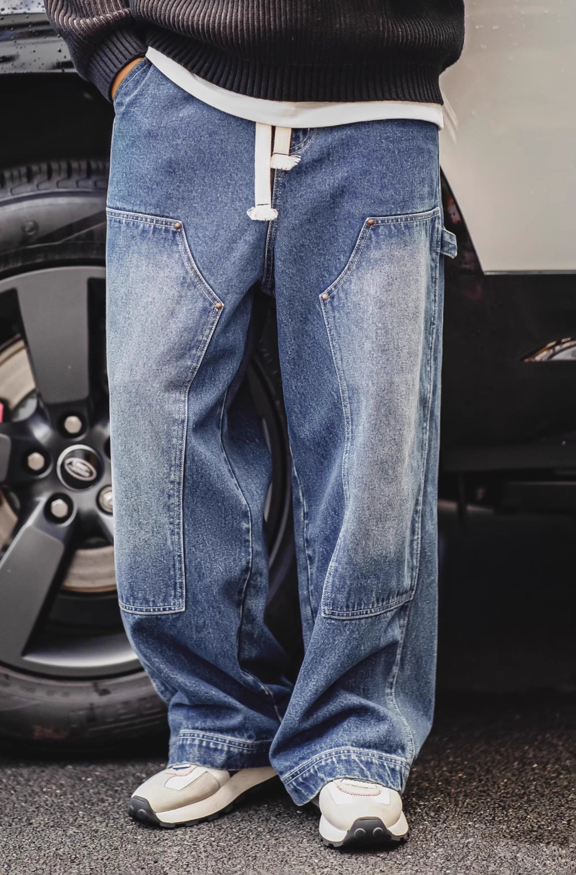 American Retro Double Knee Logging Washed And Distressed Wide-Leg Men's ...