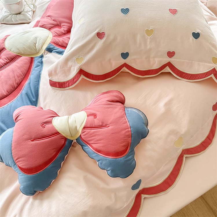 Girly Heart Cute Bow Washed Four-piece Pure Cotton Bed Set - Harmony Gallery