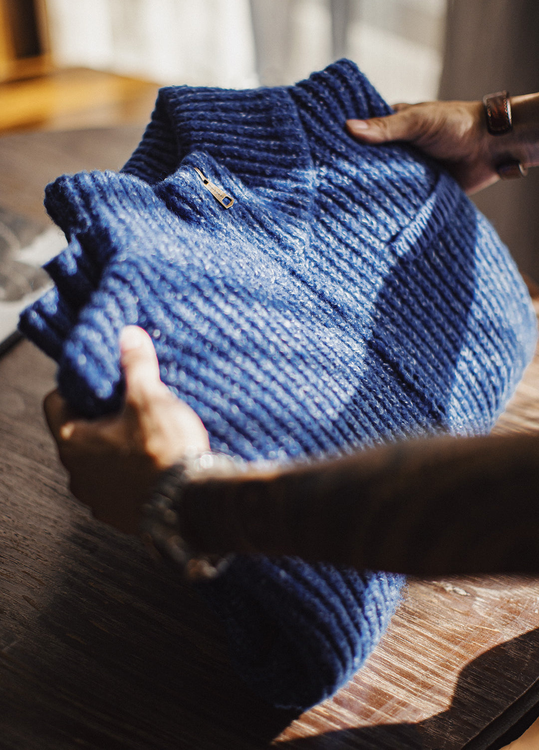 American Ice Blue Cardigan Thick High Neck Warm Knitwear Winter Men's Jacket