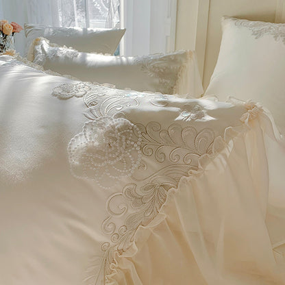 Set da letto in quattro pezzi in morbido cotone francese romantico in pizzo principessa