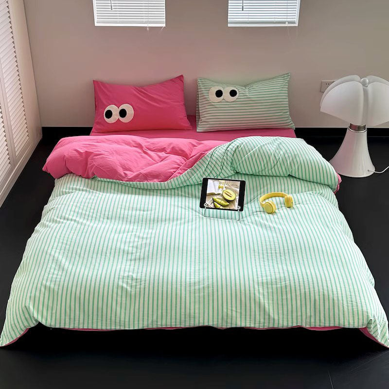 Big Eyes Contrasting Color Washed Four-Piece Pure Cotton Bed Set - Harmony Gallery