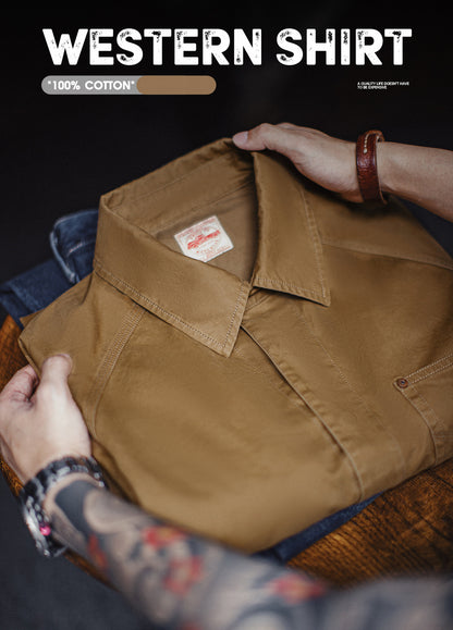 American Retro Printed Maillard Western Denim Pure Cotton Men's Shirt - Harmony Gallery