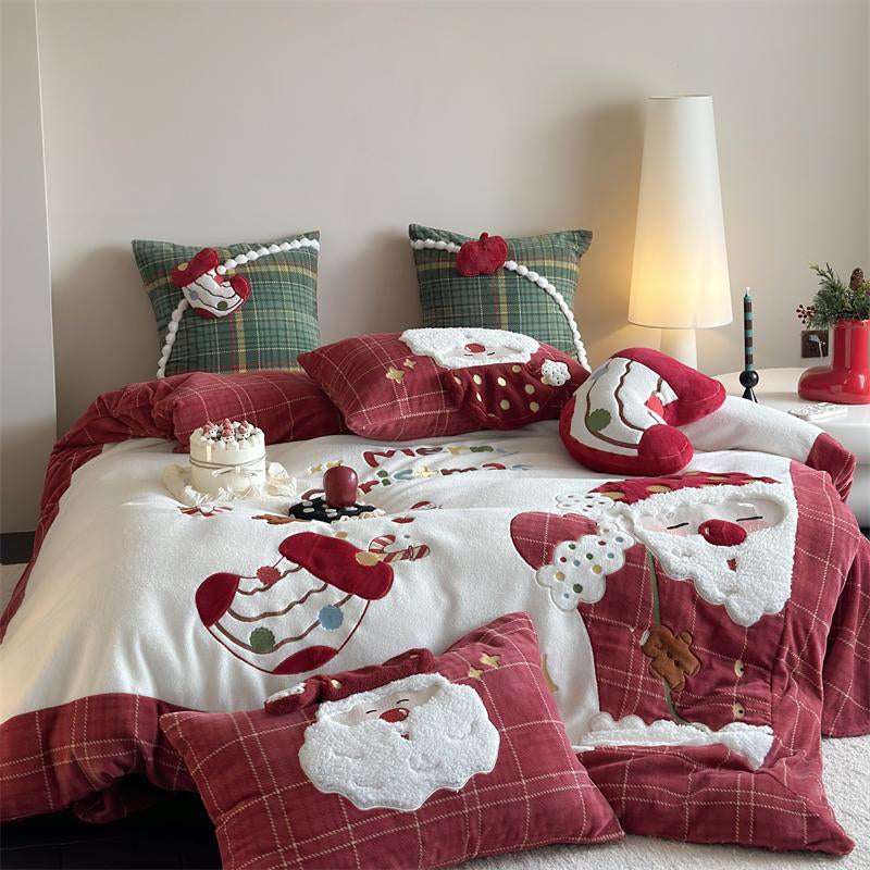 Christmas Wool Milk Velvet Four-Piece Winter Thick Warm Bed Set