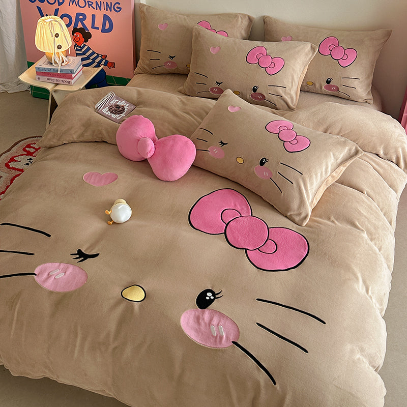 Children's Hello Kitty Little Milk Fleece Cartoon Winter Four-Piece Bed Set