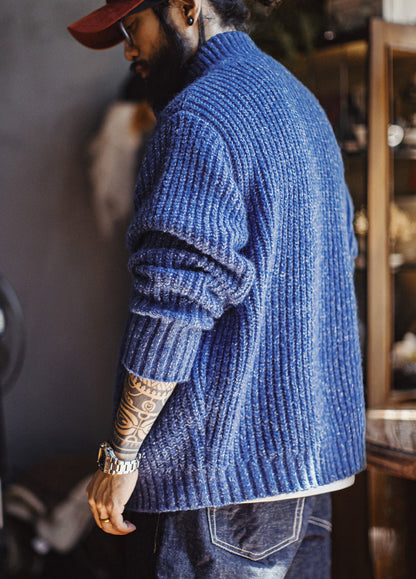 American Ice Blue Cardigan Thick High Neck Warm Knitwear Winter Men's Jacket