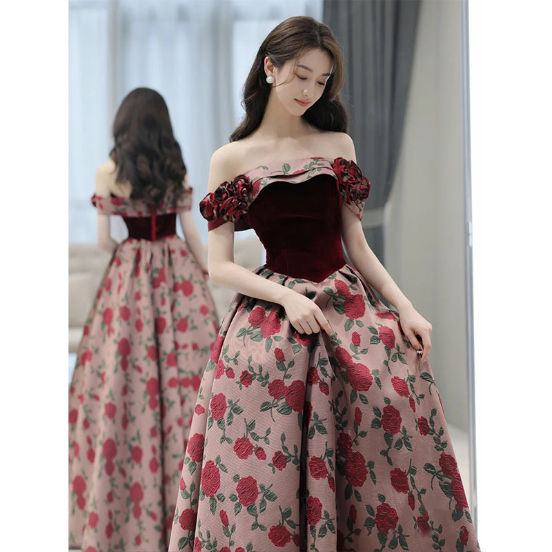 Vintage Rose Pattern Off-Shoulder Velvet Evening Gown Vintage Rose Pattern Off-Shoulder Velvet Evening Gown