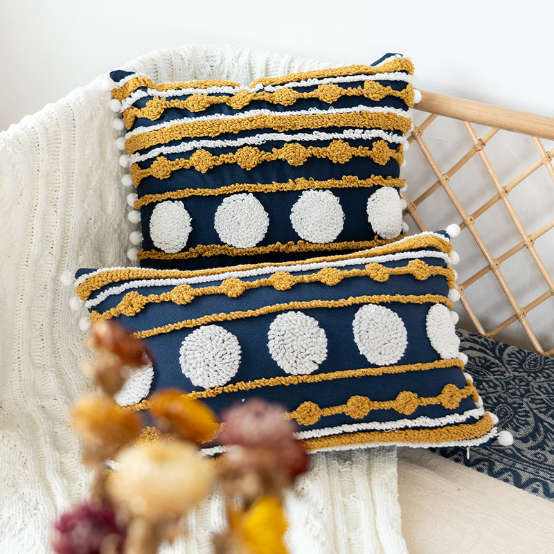 Nautical Charm Gold Accent Textured Throw Pillows with Pom-Pom Details