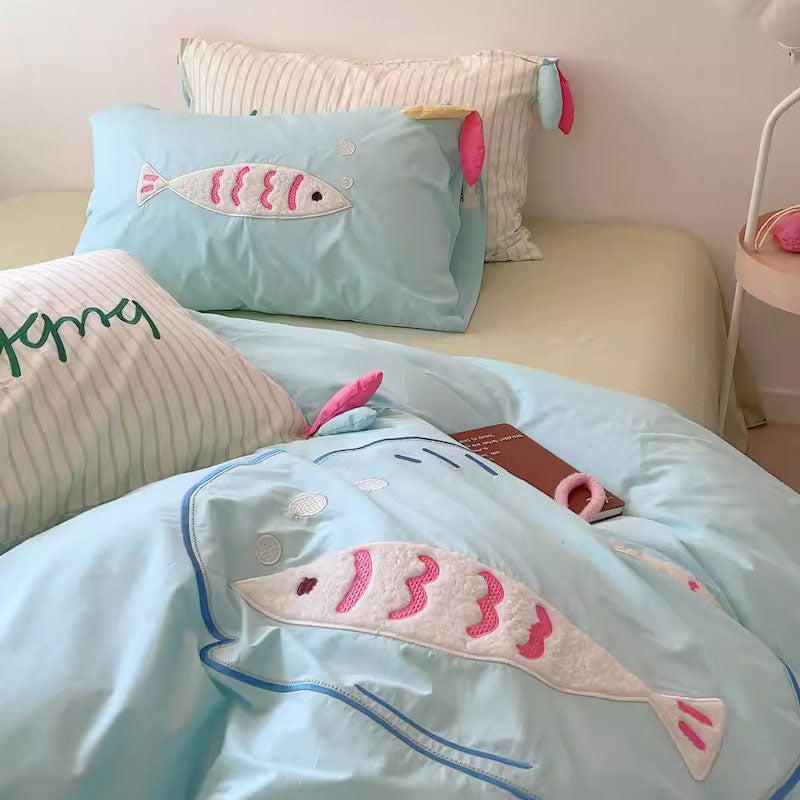 Cute Cartoon Fish Embroidered Washed Four-Piece Cotton Bed Set - Harmony Gallery