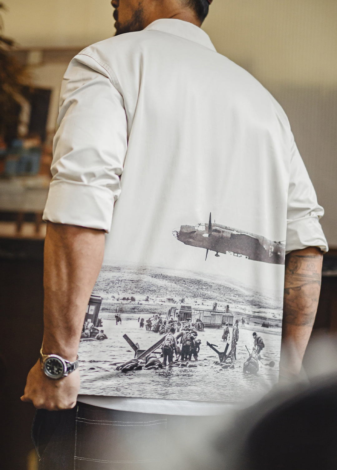 American Retro Print Cuban Collar Long Sleeve Oversized Silhouette Men's Shirt - Harmony Gallery