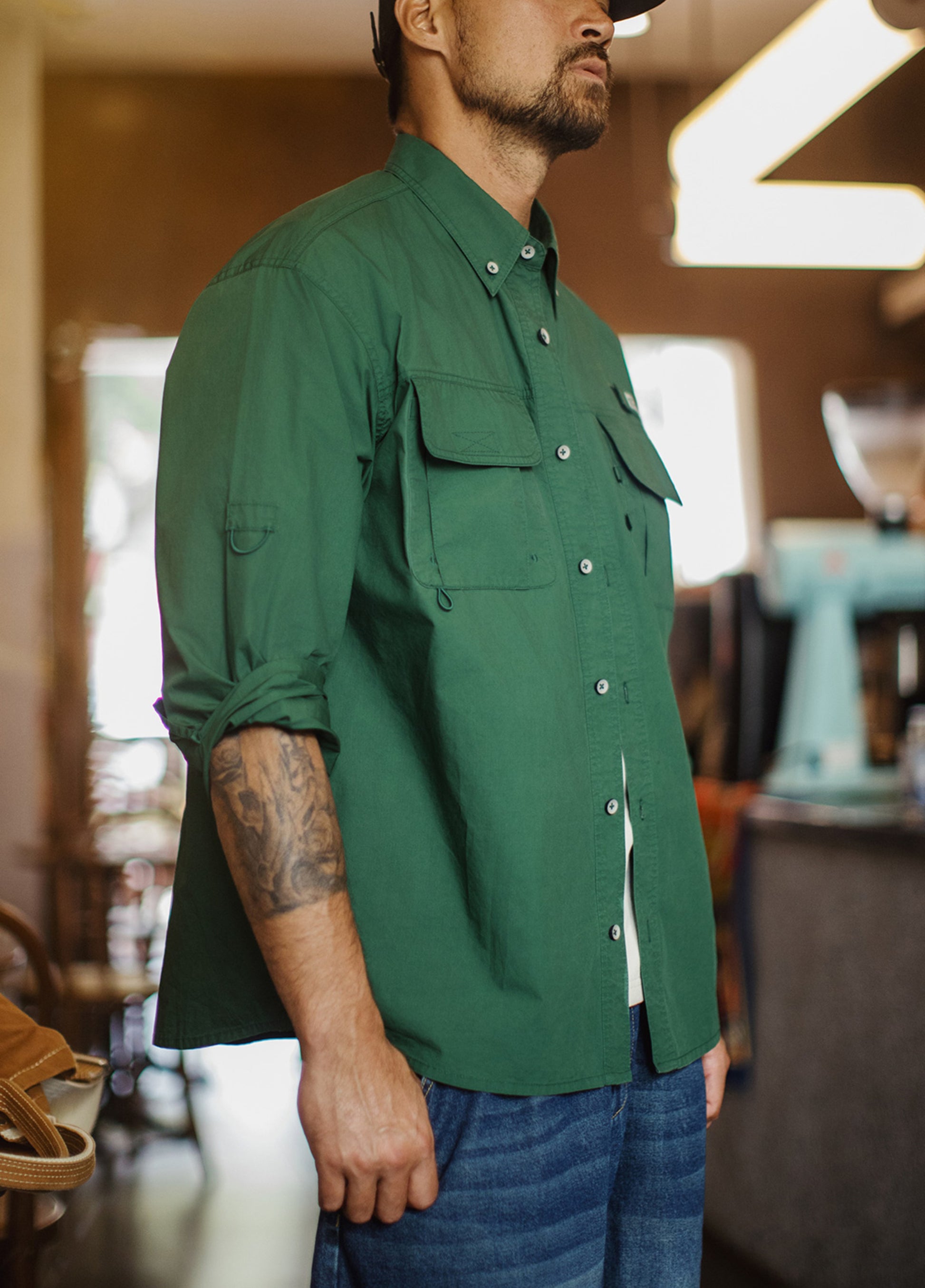 American Retro Multi-Pocket Green No Bullet  Layered Thin Men's Shirt - Harmony Gallery
