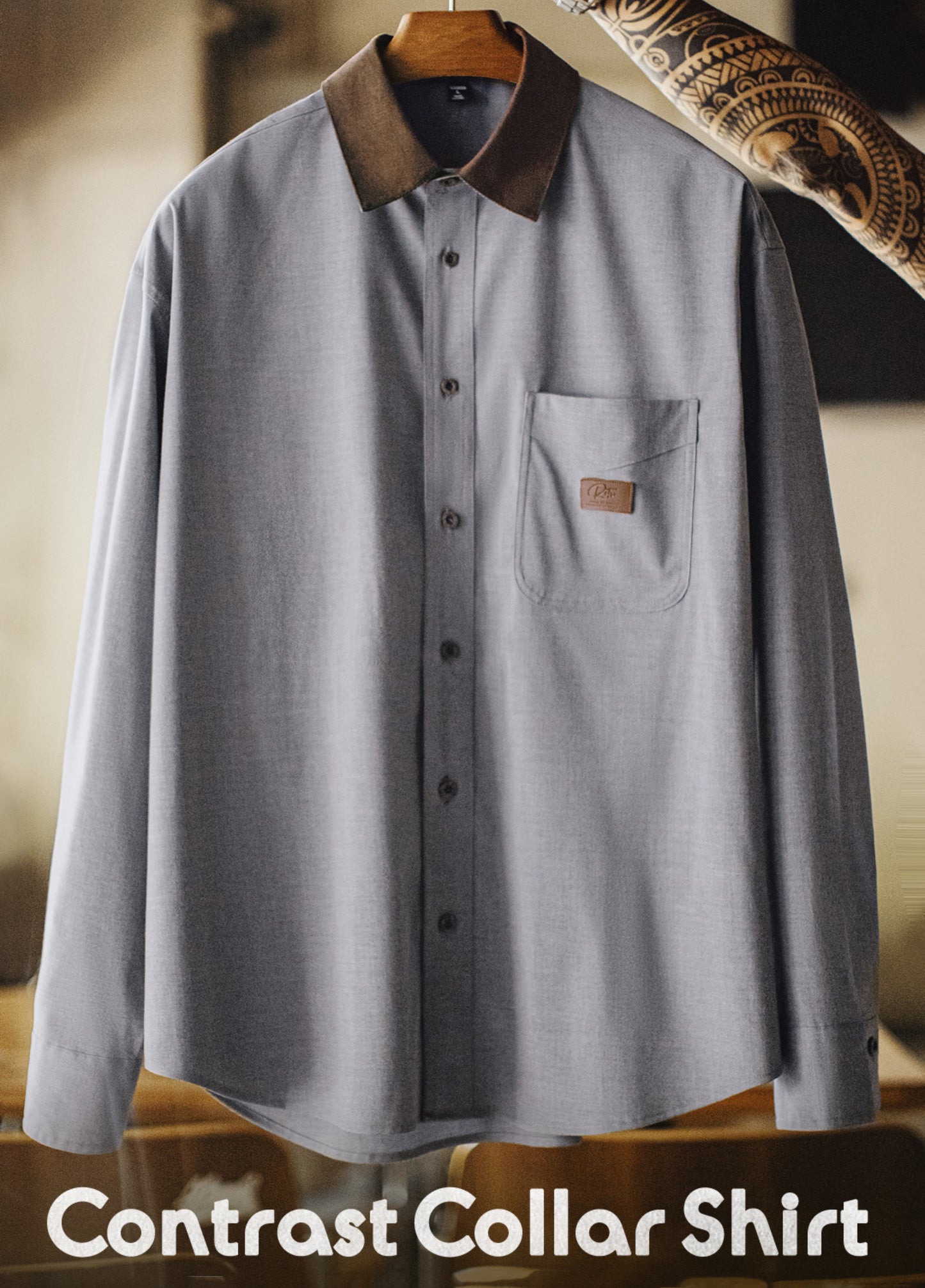 American Casual Corduroy Patchwork Meteorite Gray Thin Daily Men's Shirt - Harmony Gallery