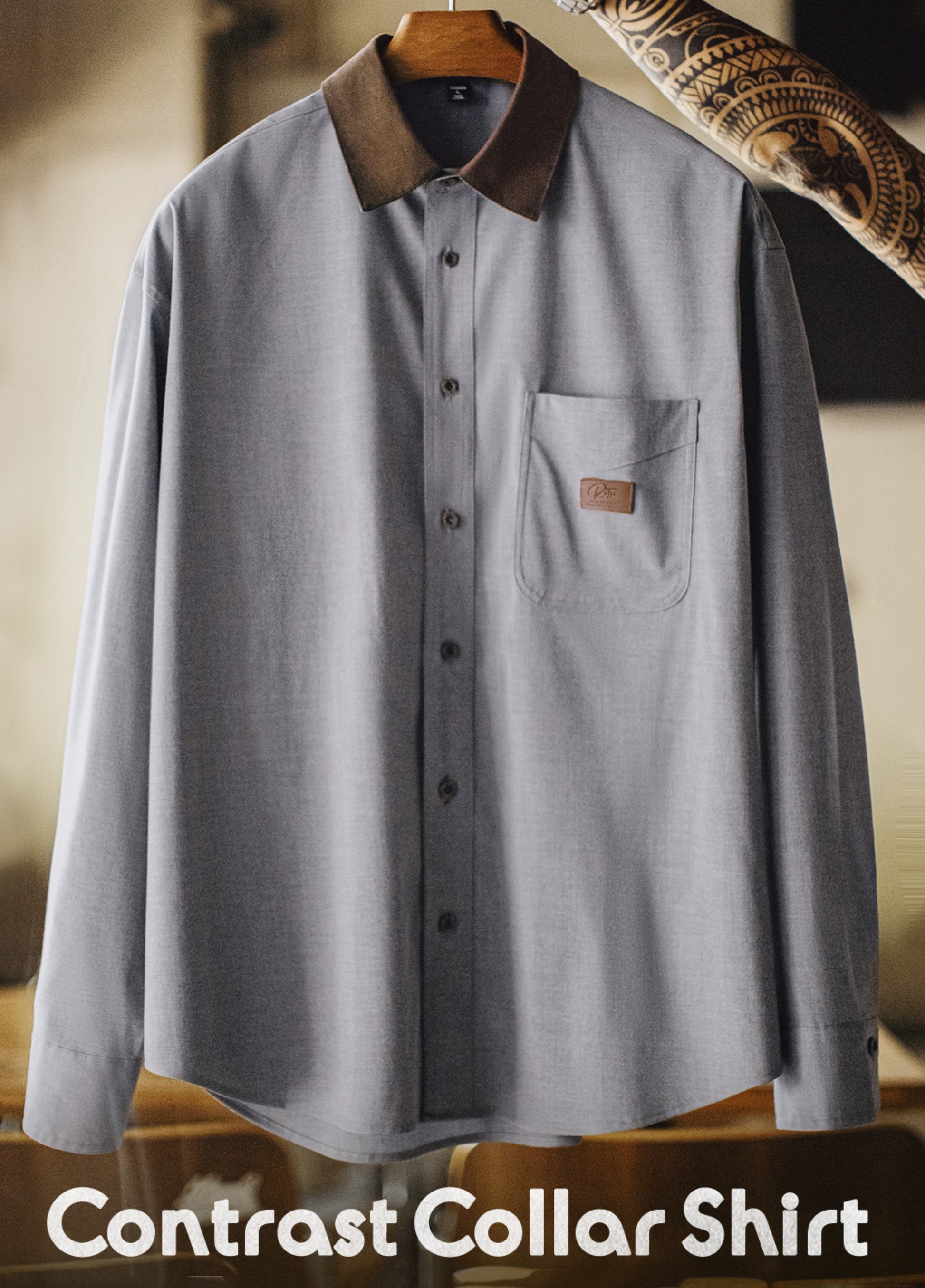 American Casual Corduroy Patchwork Meteorite Gray Thin Daily Men's Shirt - Harmony Gallery