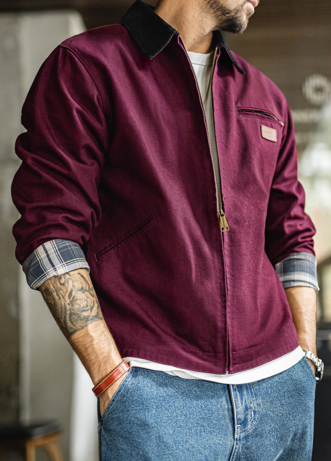 American Retro Detroit Navy Blue Hunting Barn Dragon Fruit Color Men's Jacket - Harmony Gallery