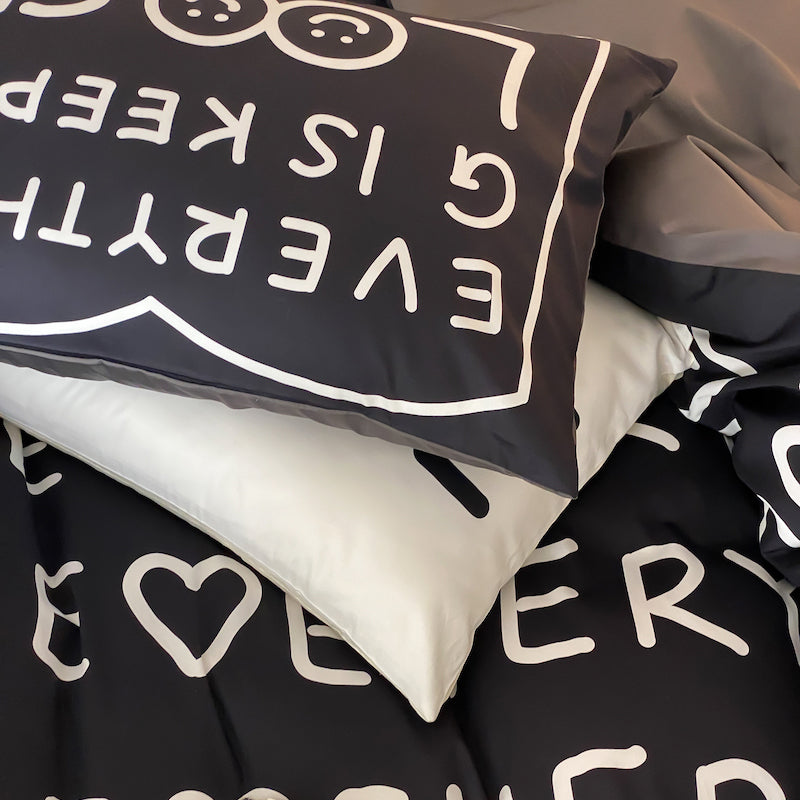 Conjunto de cama preto e branco de quatro peças de algodão puro Black Love