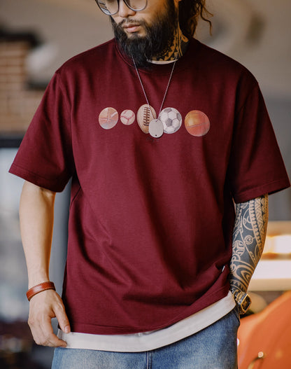 Camiseta masculina de algodão de rua com estampa digital de elementos de bola retrô americana