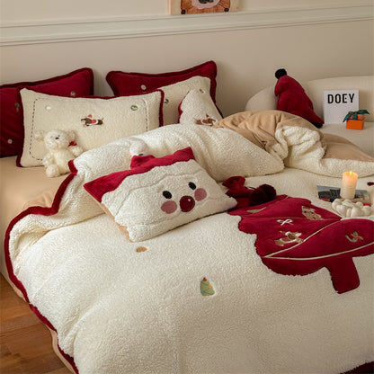 Christmas Cartoon Red Tree Thickened Lambskin Four-piece Warm Winter Bed Set - Harmony Gallery