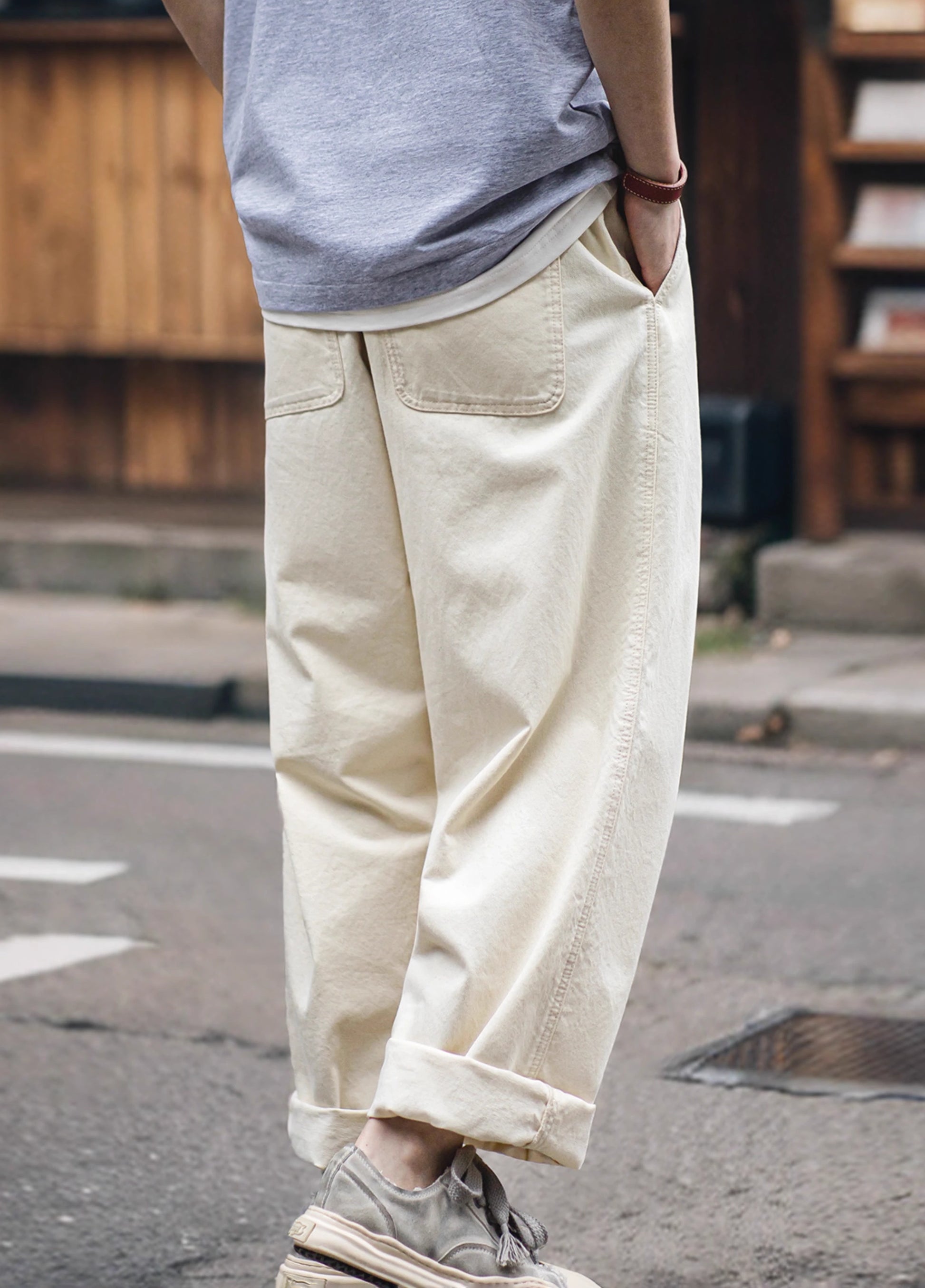American Retro Cottonseed Shell Deck City Boy Wide-Leg Men's Trousers - Harmony Gallery