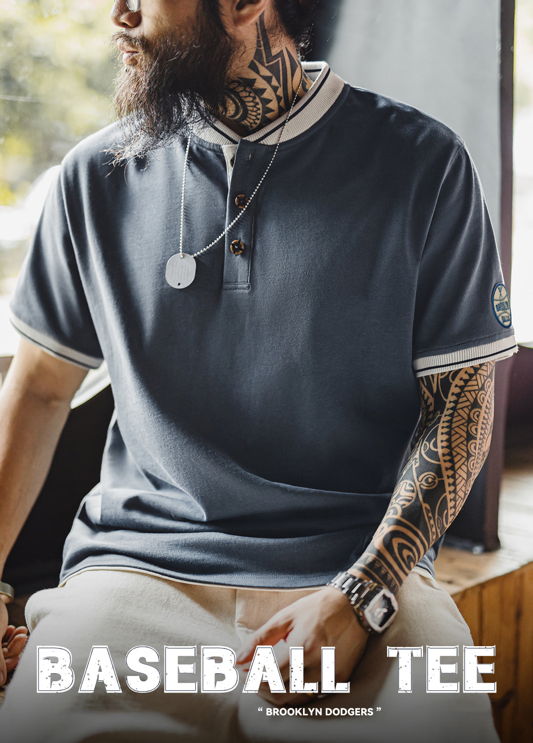 American Retro Henry Shirt Heavy Gray Blue Contrast Color Men's T-Shirt - Harmony Gallery