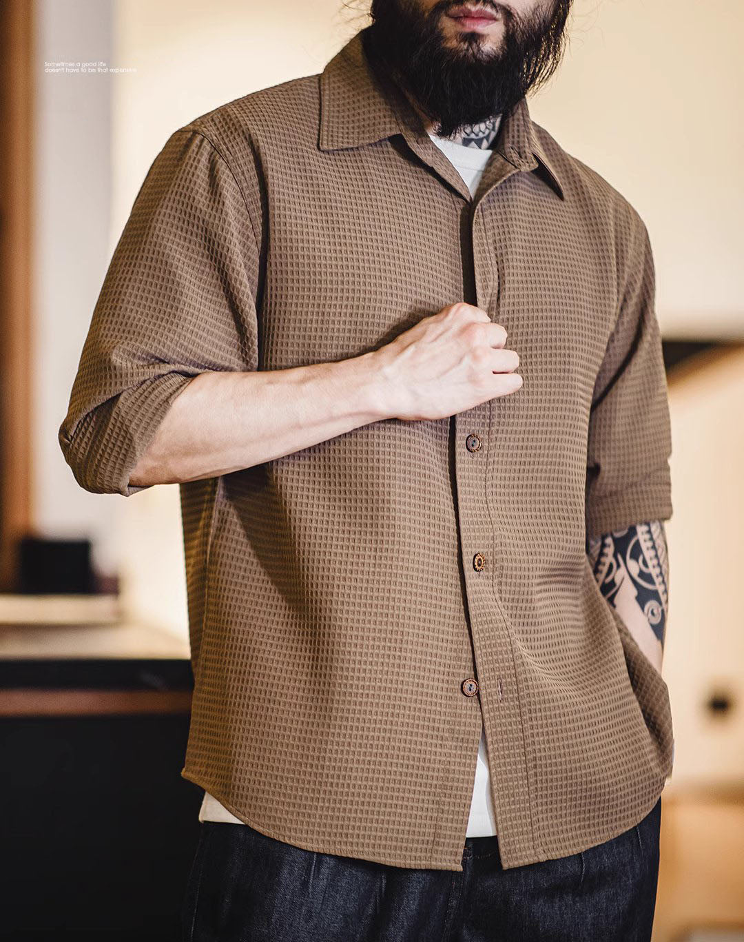 American Casual Waffle Texture Sense Anti-Wrinkle Plaid Men's Shirt
